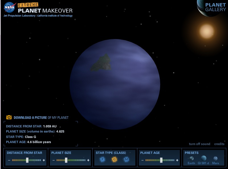 My FAKE exoplanet, which I made in NASA's Extreme Planet Makeover Game